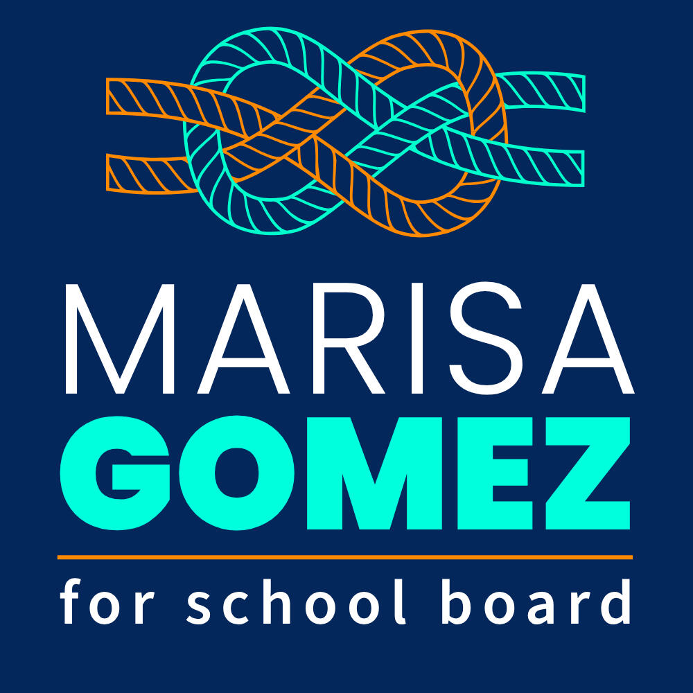 A knot, intertwining two colored strands, is the logo for Marisa Gomez For School Board 2026